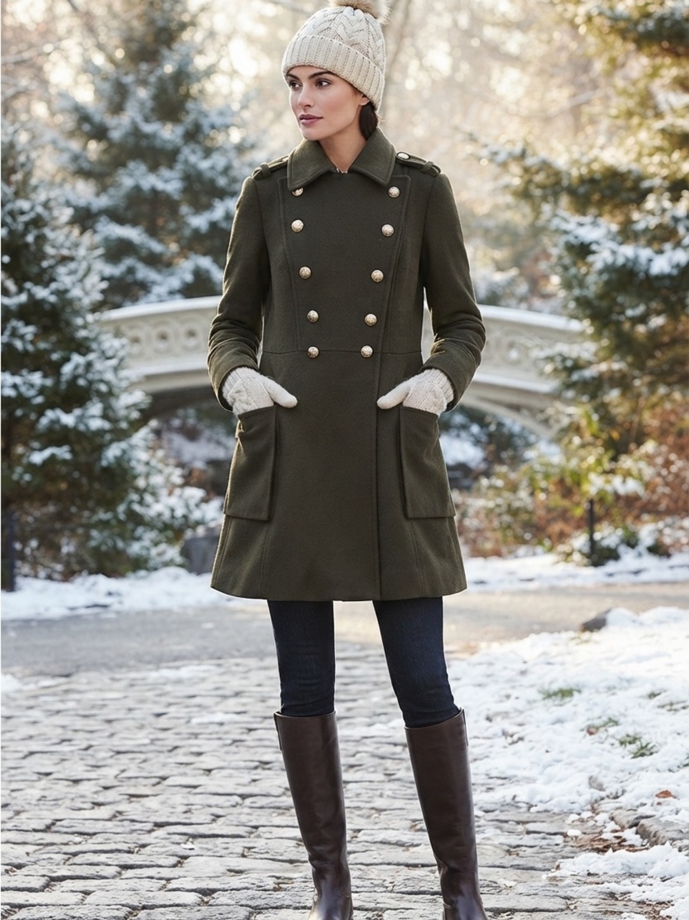 ZARA Double-Breasted Olive Wool Pea Coat